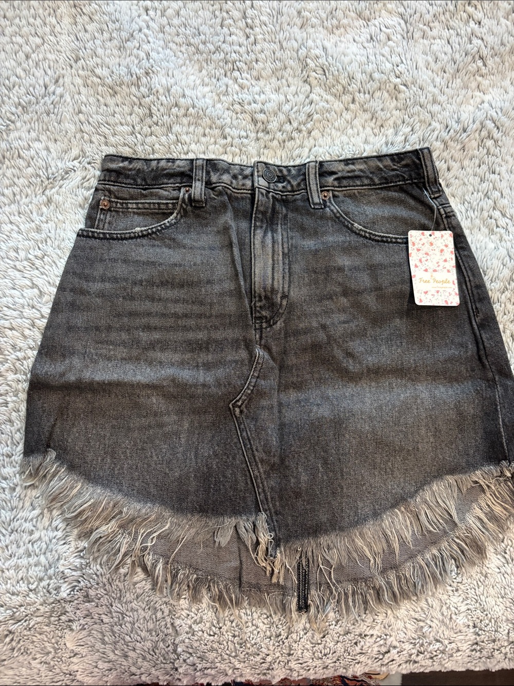 Free People Washed Black Asymmetrical Fringe Denim Skirt